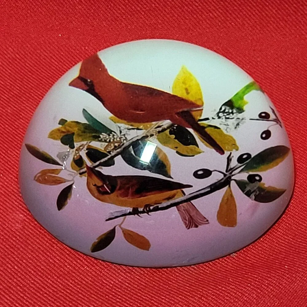 Vintage Art Glass Paperweight Bird on Olive Branches Half Round Dome